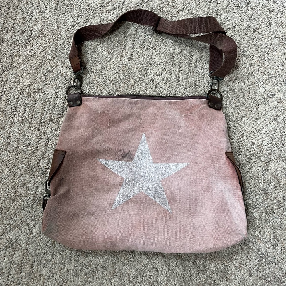 Vintage Canvas Faded Pink Star Distressed Oversized Crossbody Bag